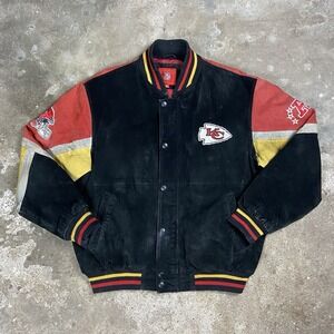 Vintage 90s Kansas City Chiefs Bomber Jacket Size Large Red Suede Leather Zip Up